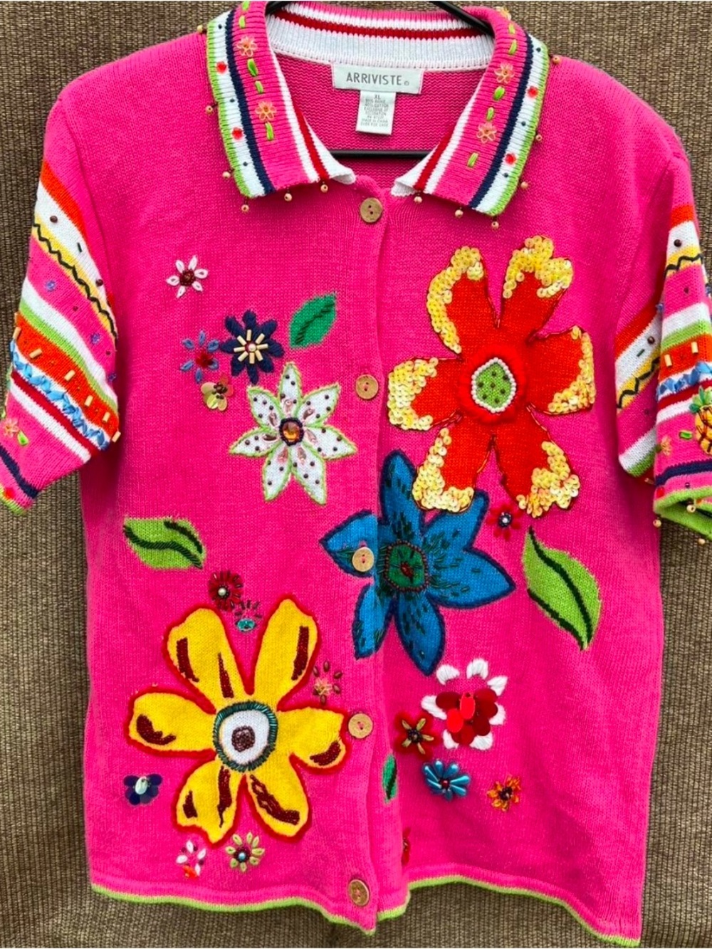 Vintage Arriviste Women's Sz XL Pink Spring Summer Flower Cardigan Sweater